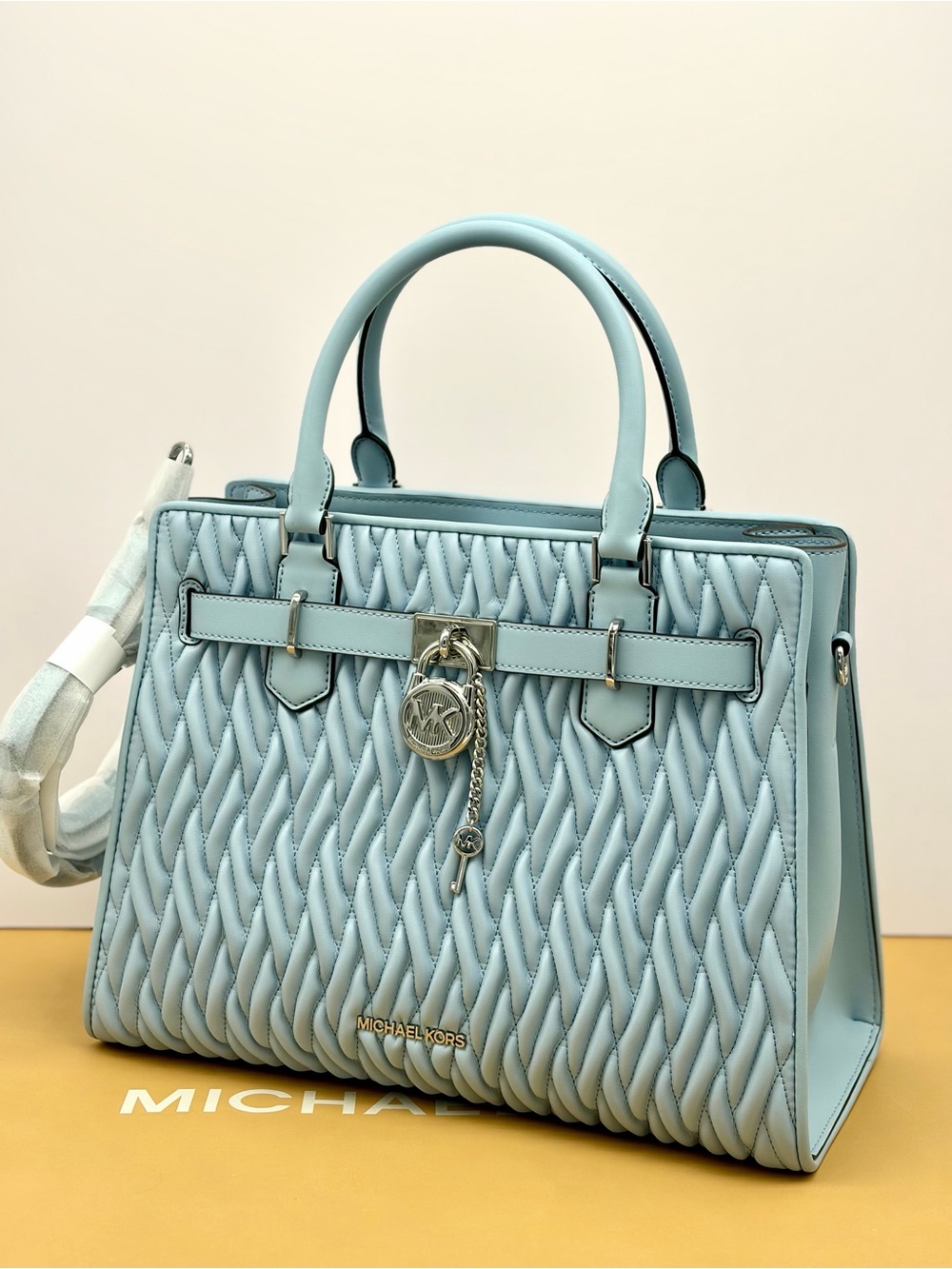 Michael Kors Hamilton Medium Matelassé Satchel Crossbody Pale Ocean